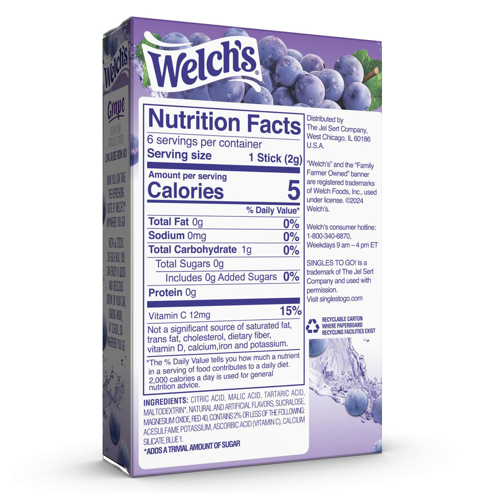 SINGLES TO GO! Welch's single packet close-up highlighting easy tear-and-pour convenience