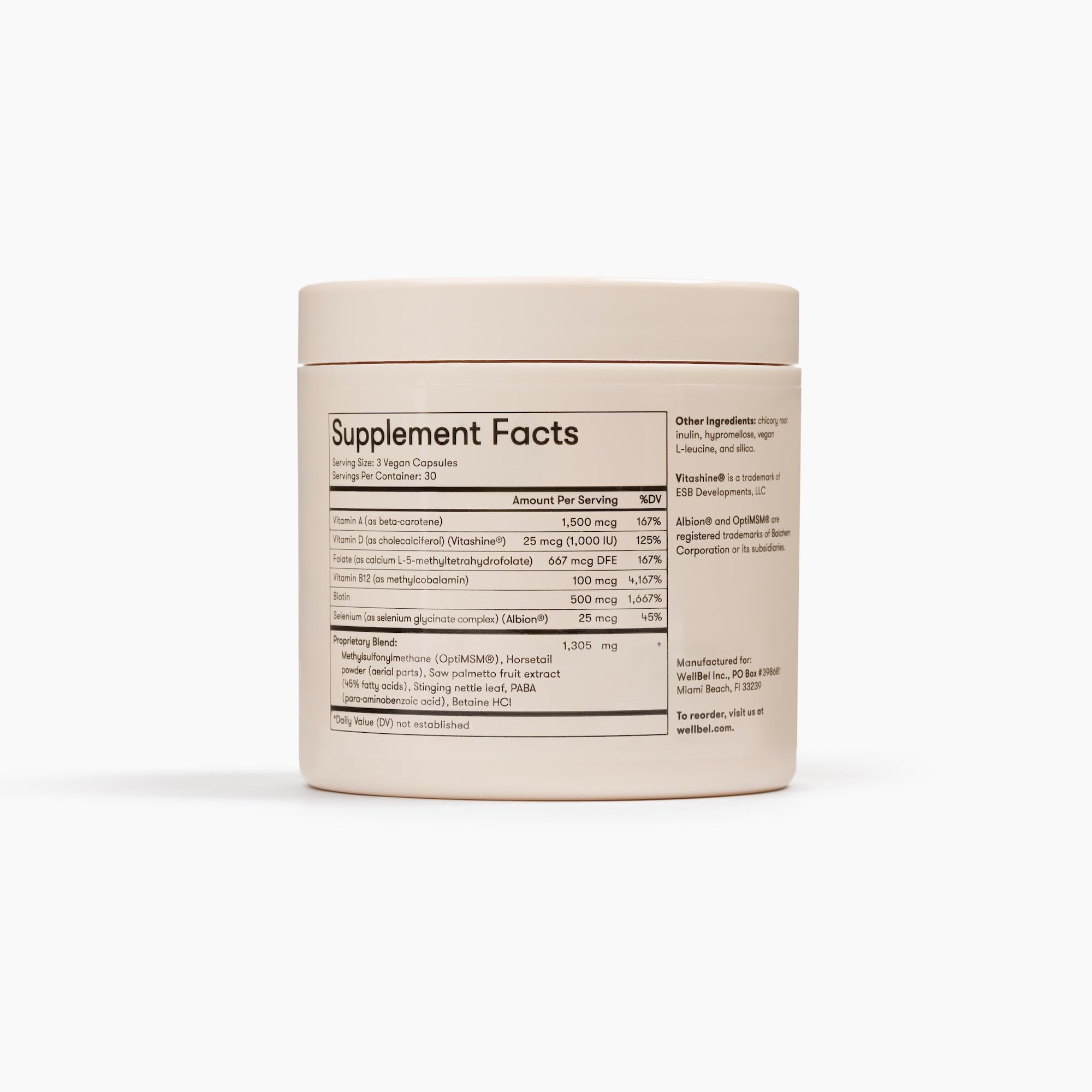 WELLBEL label ingredient panel highlighting vegan, non-GMO, gluten-free