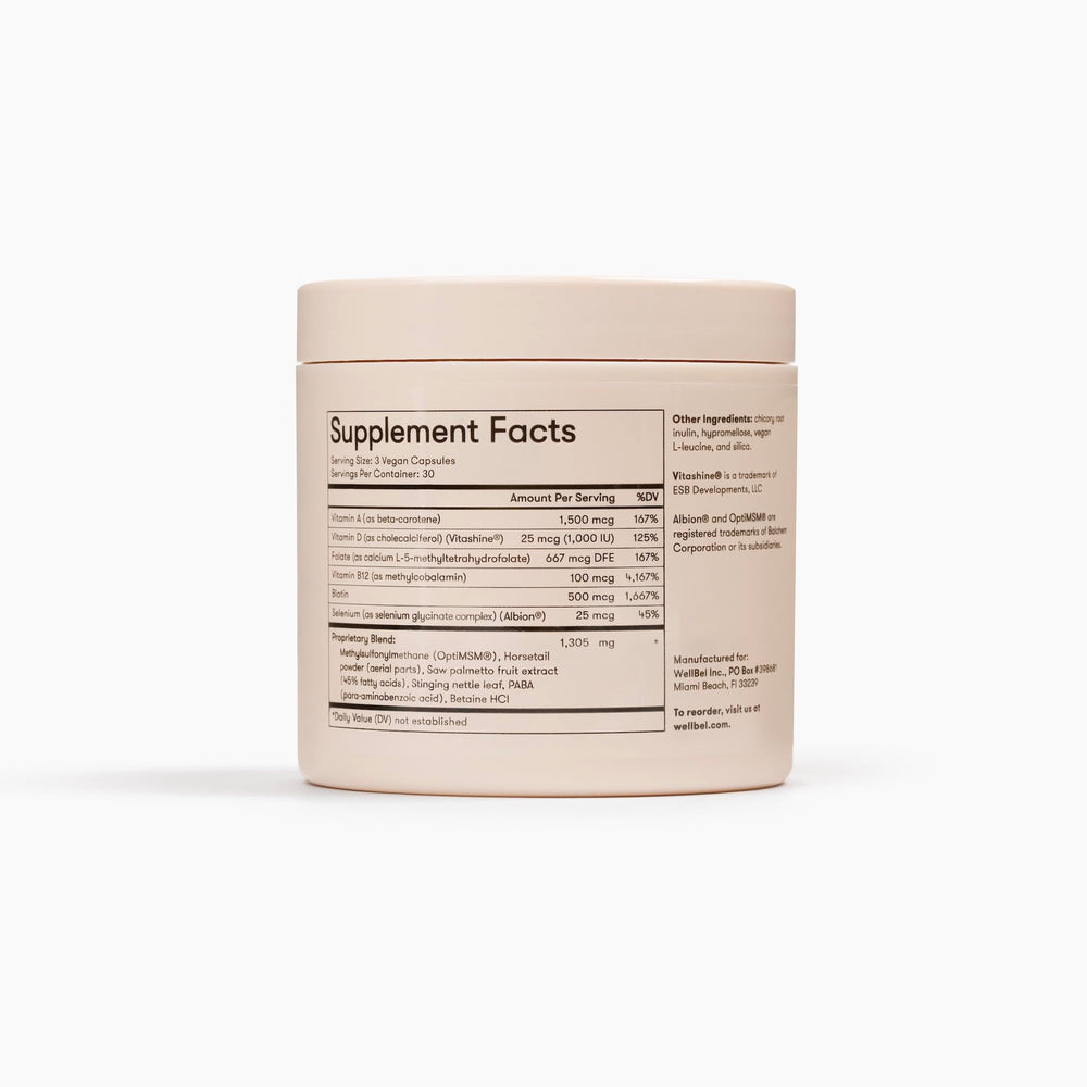 WELLBEL label ingredient panel highlighting vegan, non-GMO, gluten-free