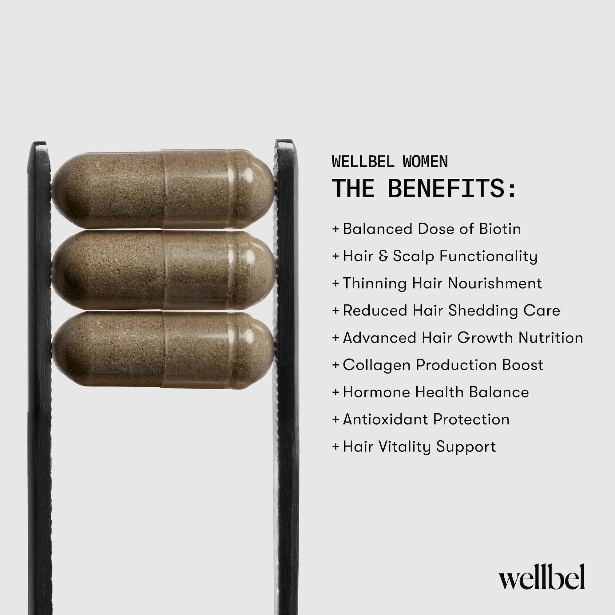 WELLBEL capsule beside ingredient powders illustrating key nutrients