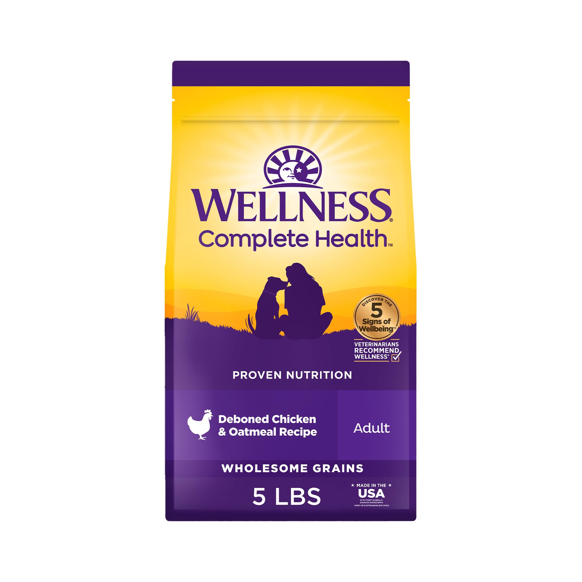 Wellness front packaging showing chicken and oatmeal benefits