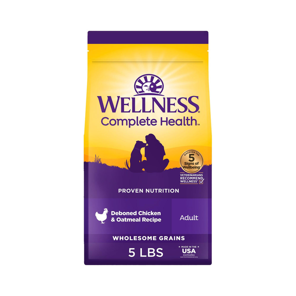 Wellness front packaging showing chicken and oatmeal benefits