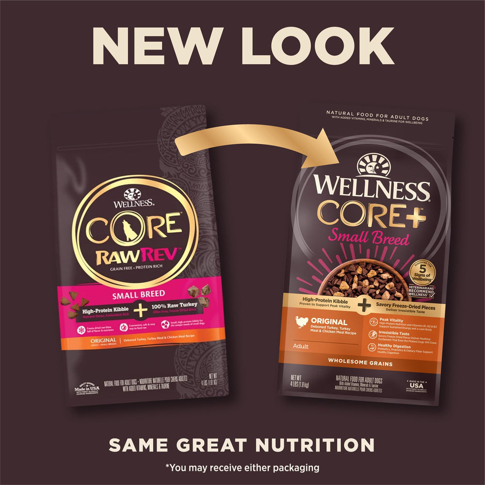 Wellness CORE+ kibble mixed with freeze-dried turkey pieces for boosted protein