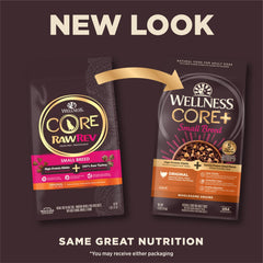 Wellness CORE+ kibble mixed with freeze-dried turkey pieces for boosted protein