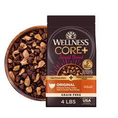 Wellness front bag showing CORE+ small breed benefits and flavor