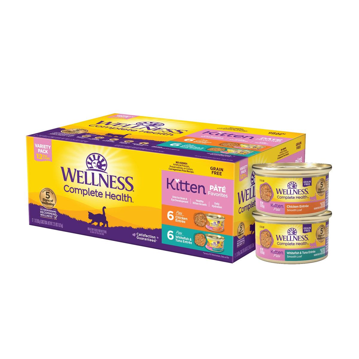 Wellness front packaging showing 12-can kitten variety pack for balanced nutrition