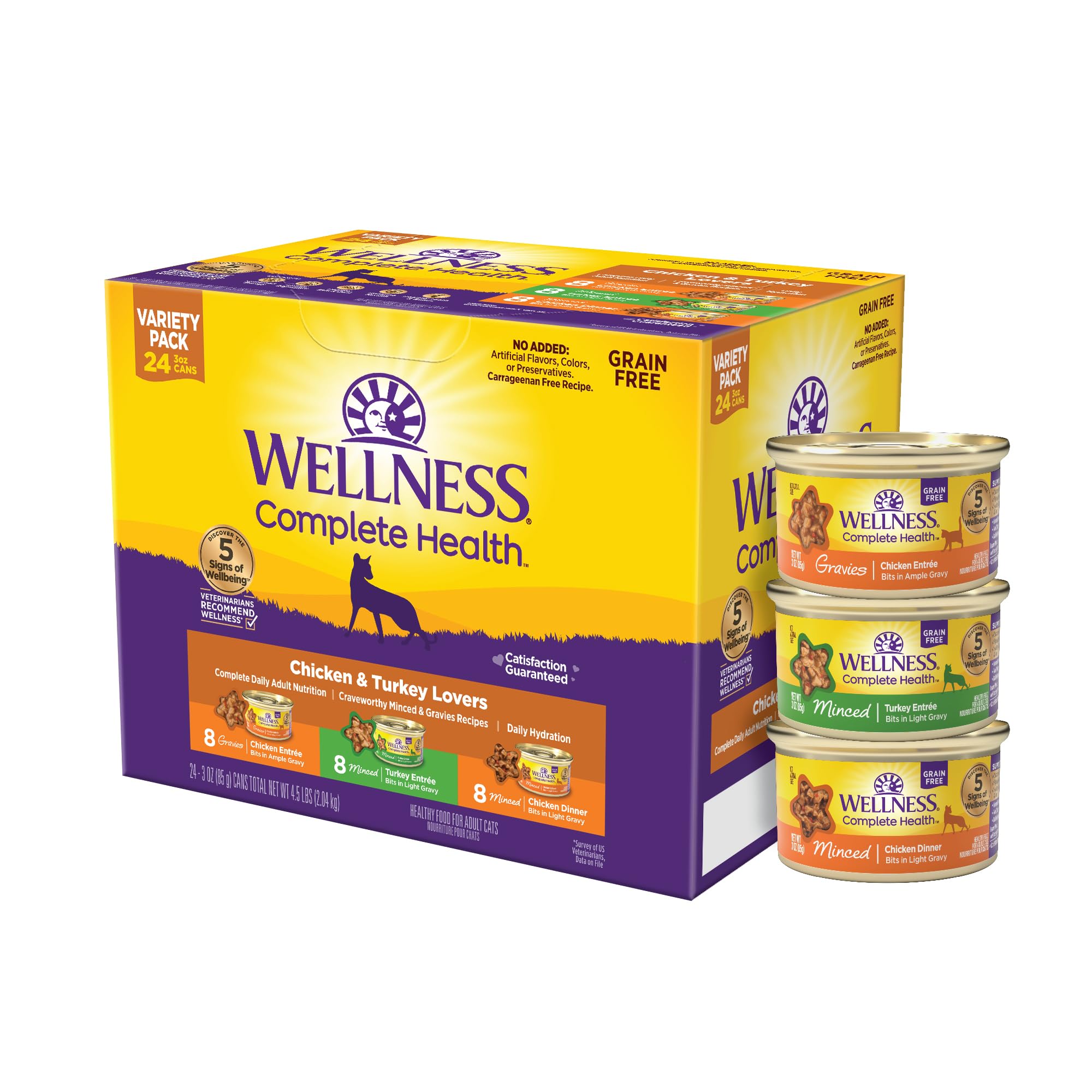 Wellness front packaging showing 24-can grain-free variety pack benefits