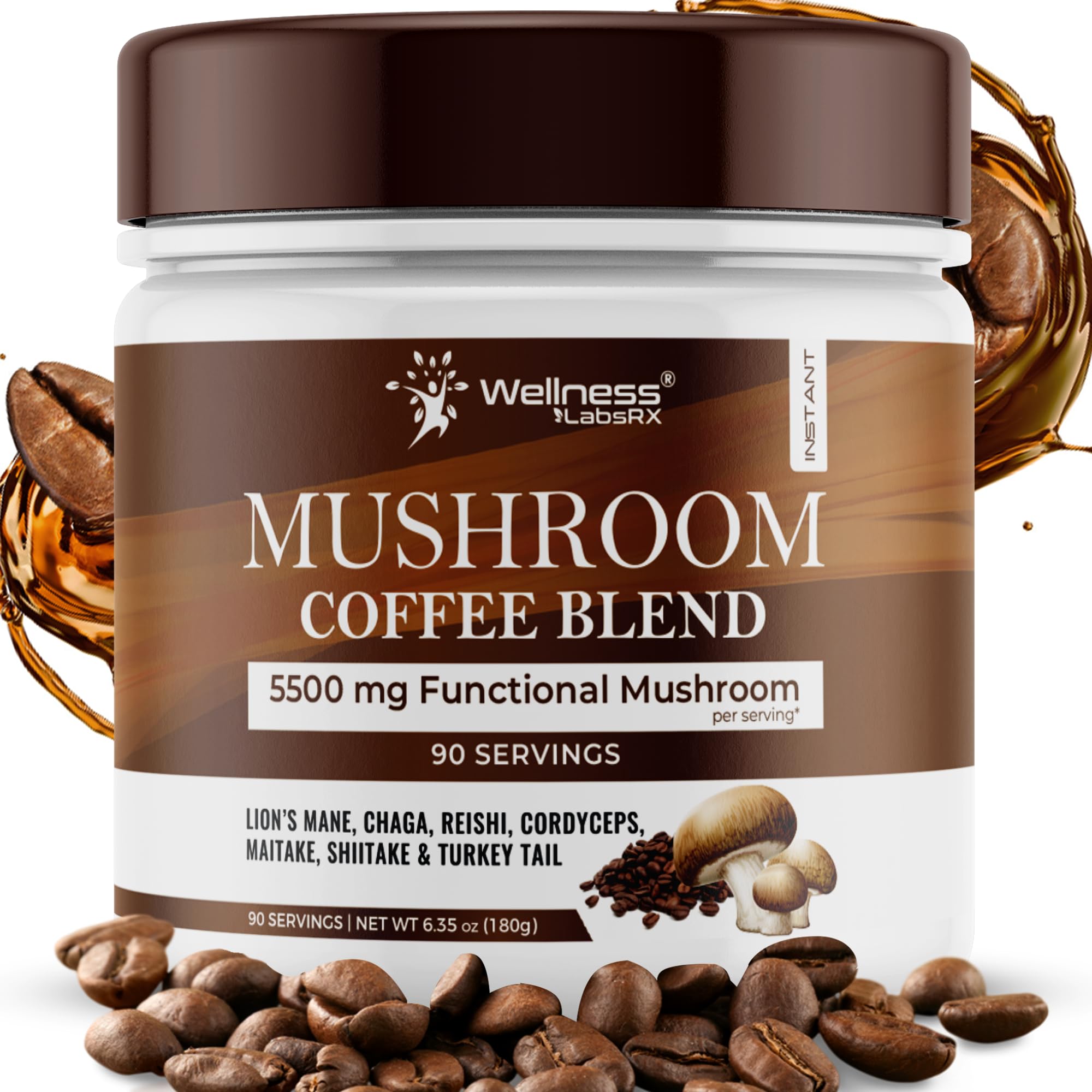 WELLNESS LABSRX front label showcasing organic mushroom coffee and 90 servings benefit