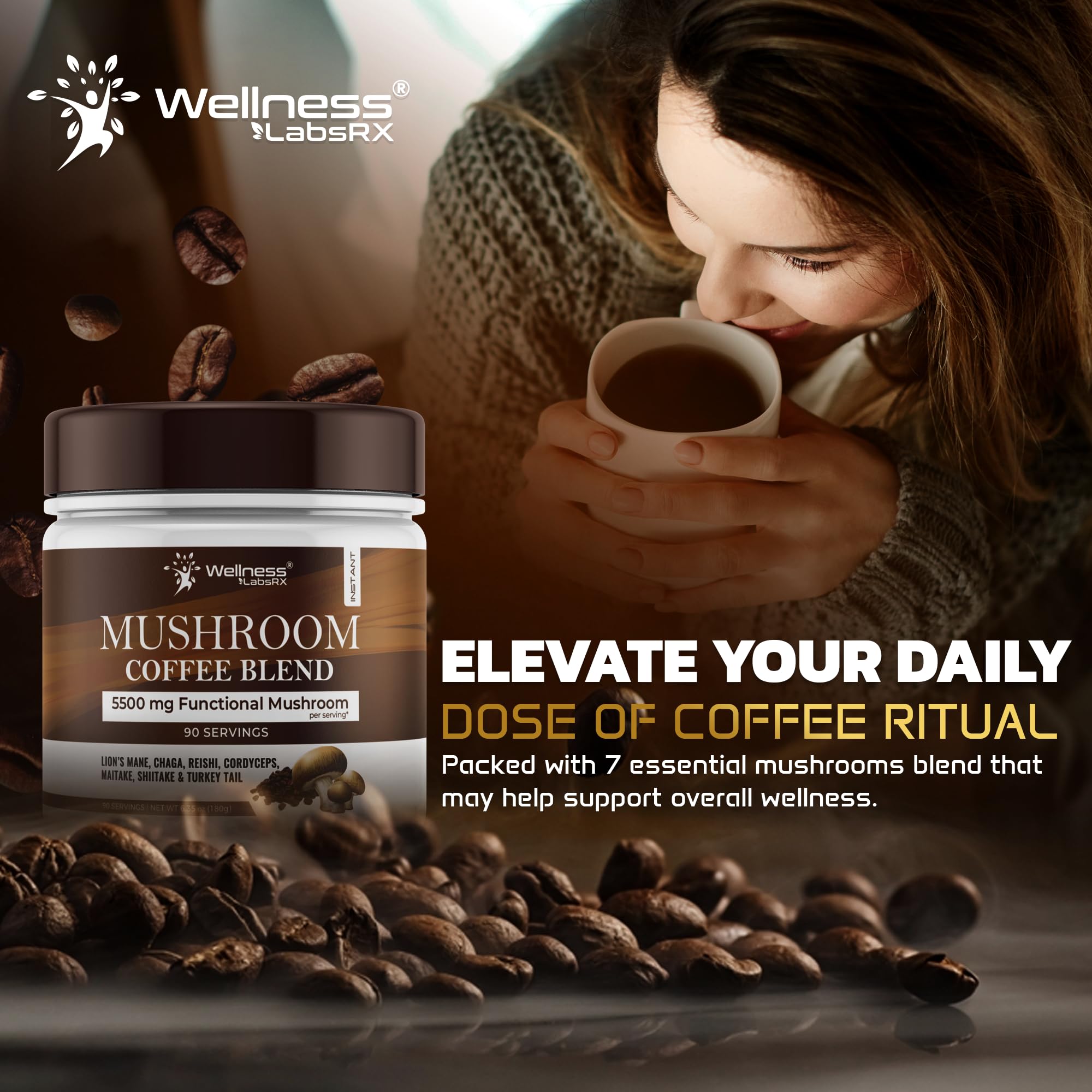 WELLNESS LABSRX arranged mushrooms highlighting Lions Mane and Cordyceps variety for synergy