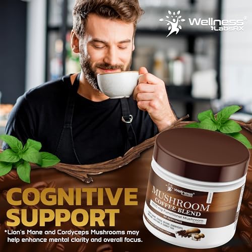 WELLNESS LABSRX mug on desk with laptop showing focus-friendly beverage for work routines