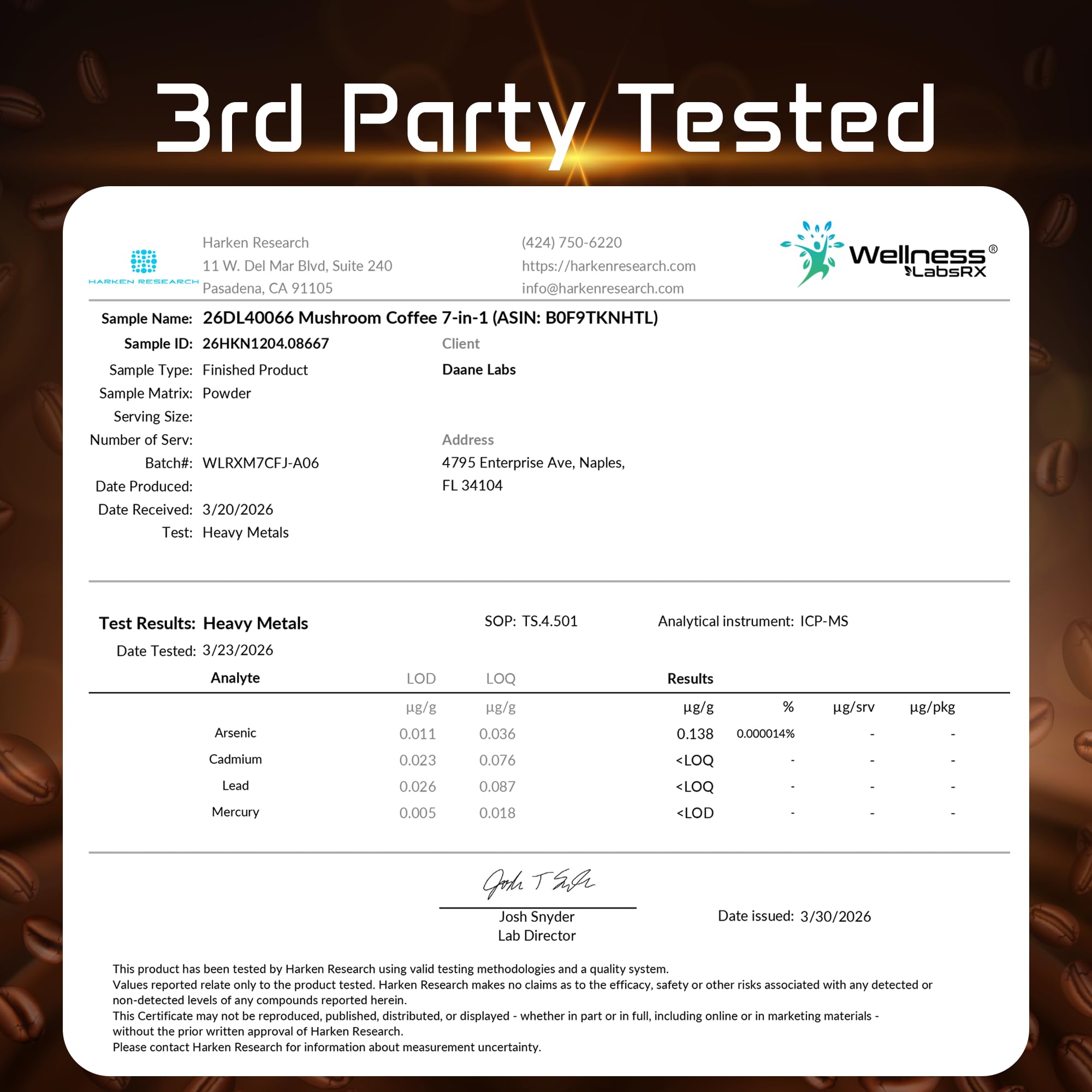 WELLNESS LABSRX nutrition label close-up emphasizing third-party tested ingredient transparency
