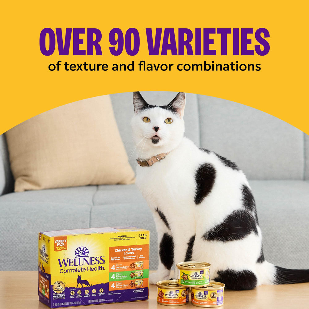 Wellness nutrition label closeup showing guaranteed analysis and feeding guidance
