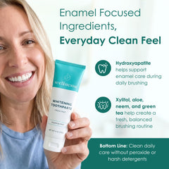 Person using Wellnesse with electric toothbrush demonstrating gentle daily use