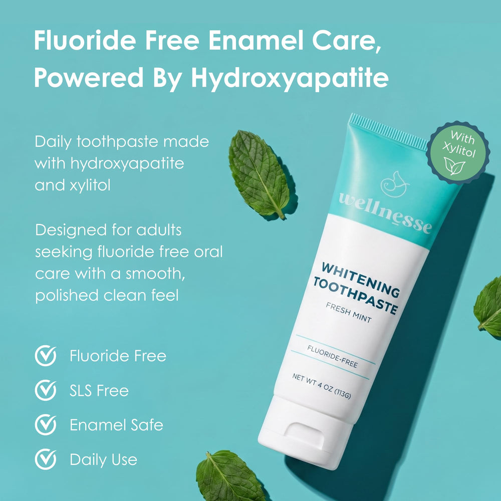 Wellnesse tube cap and clear label highlighting fluoride-free, travel-friendly design