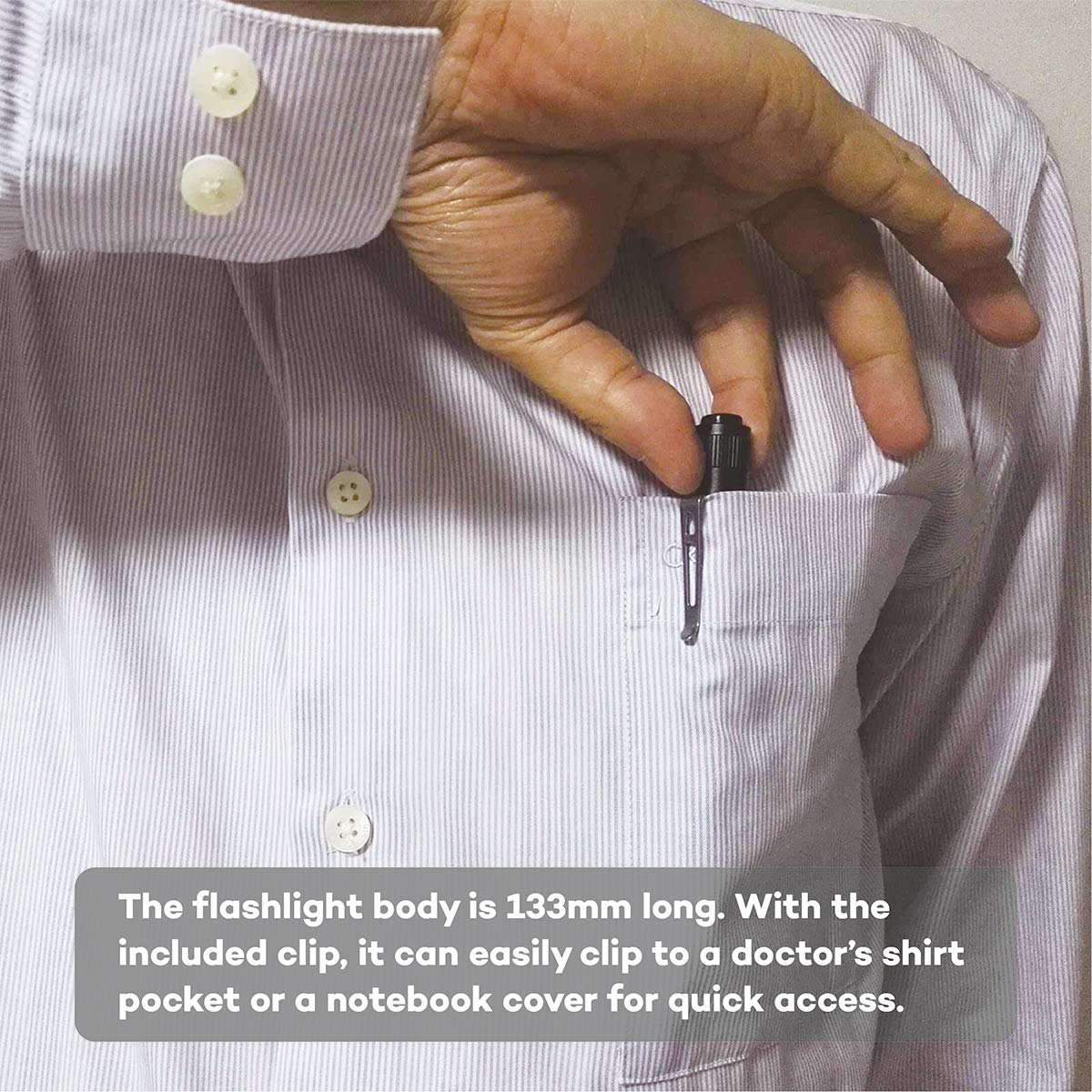 Weltool M6-Dr clipped to lab coat pocket, ready for clinical or emergency use