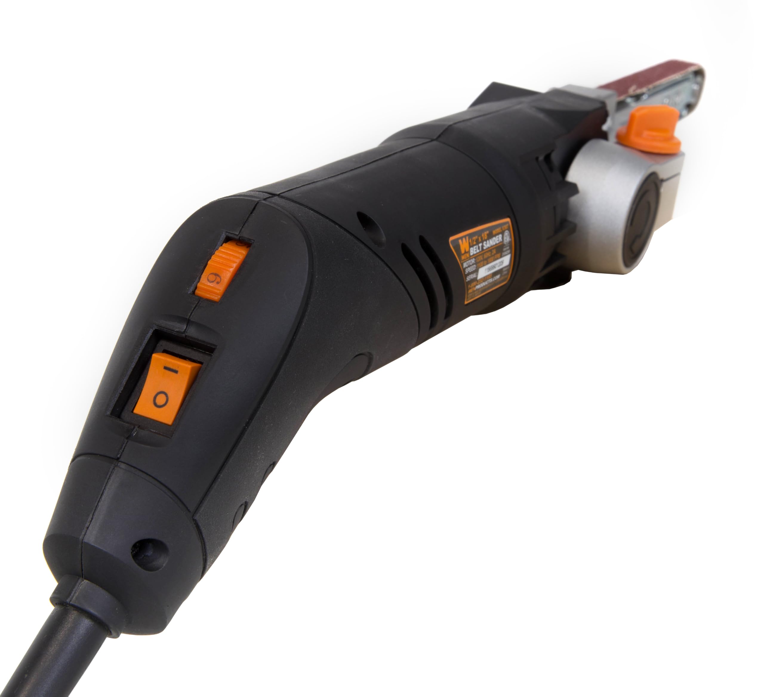 WEN 6307 with included sanding belts showing ready-to-use abrasives and convenience