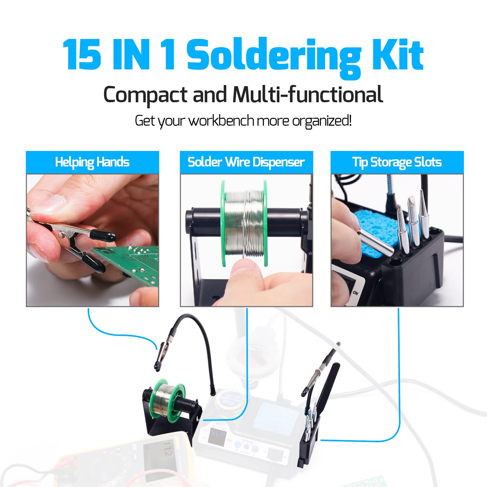 WEP helping hands clamping a PCB to free both hands for accurate soldering