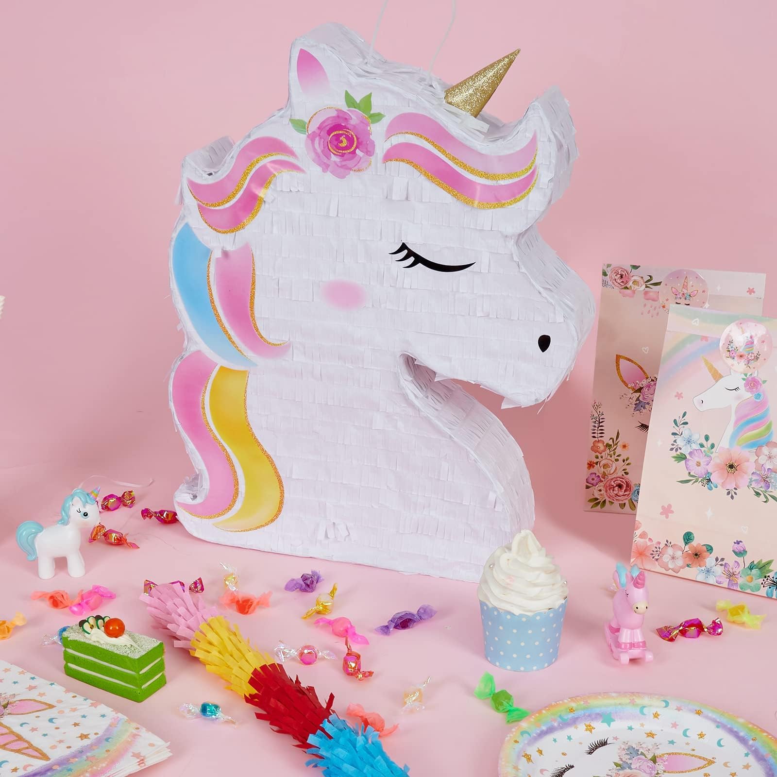 WERNNSAI unicorn piñata side detail with fringe highlighting colorful texture