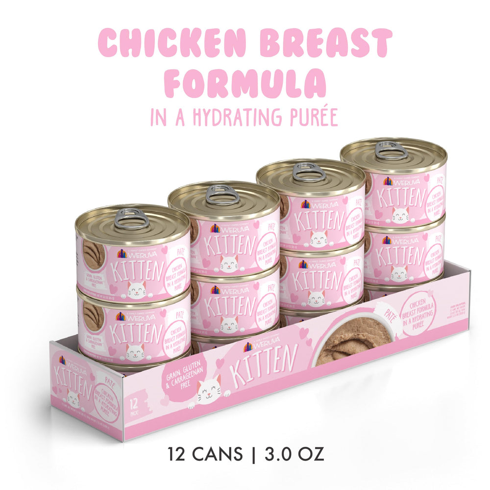 Weruva opened can revealing smooth chicken purée for easy kitten feeding