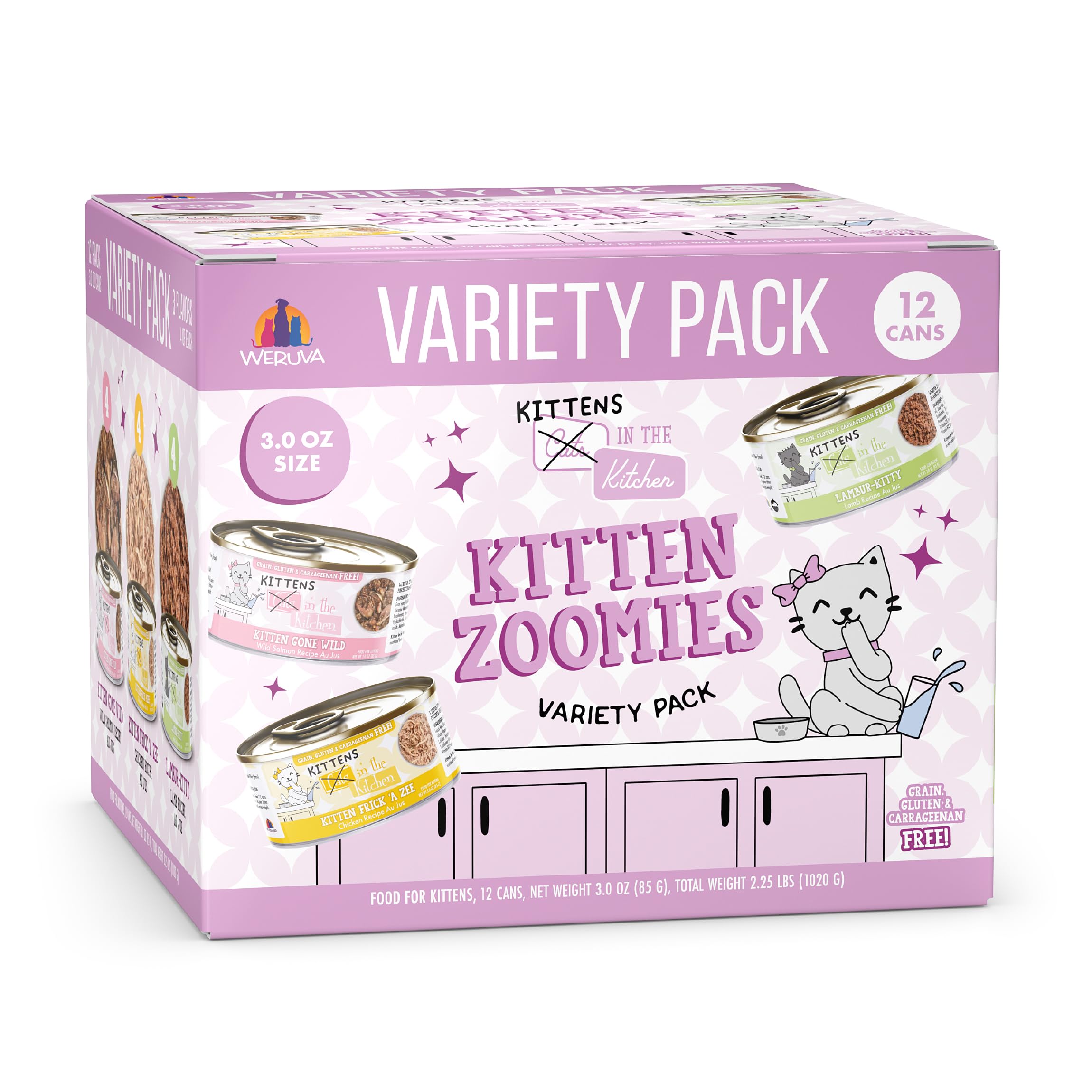 Weruva front packaging showing the 12-can Kitten Zoomies variety pack and easy selection