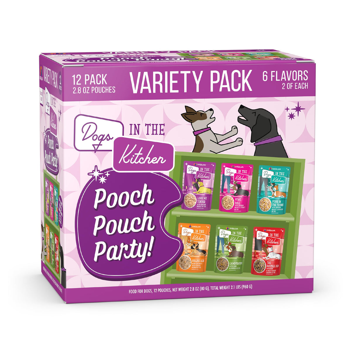 Weruva front packaging showing Pooch Pouch Party variety benefits