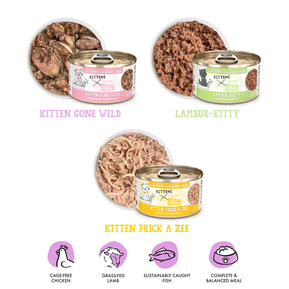 Weruva Lambur-kitty opened can with visible chunks providing meaty texture and hydration