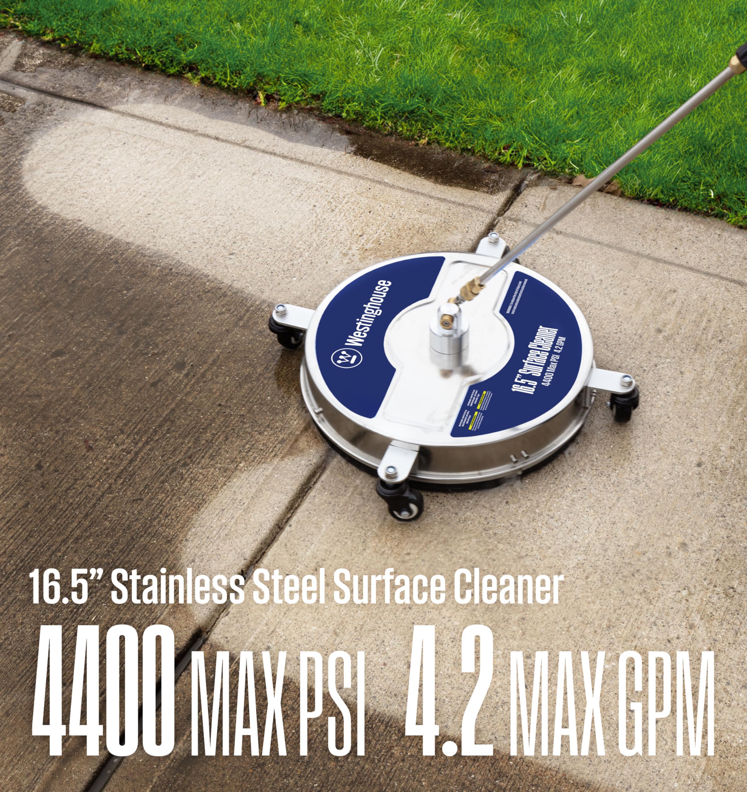 Westinghouse surface cleaner in use on driveway delivering uniform dirt removal