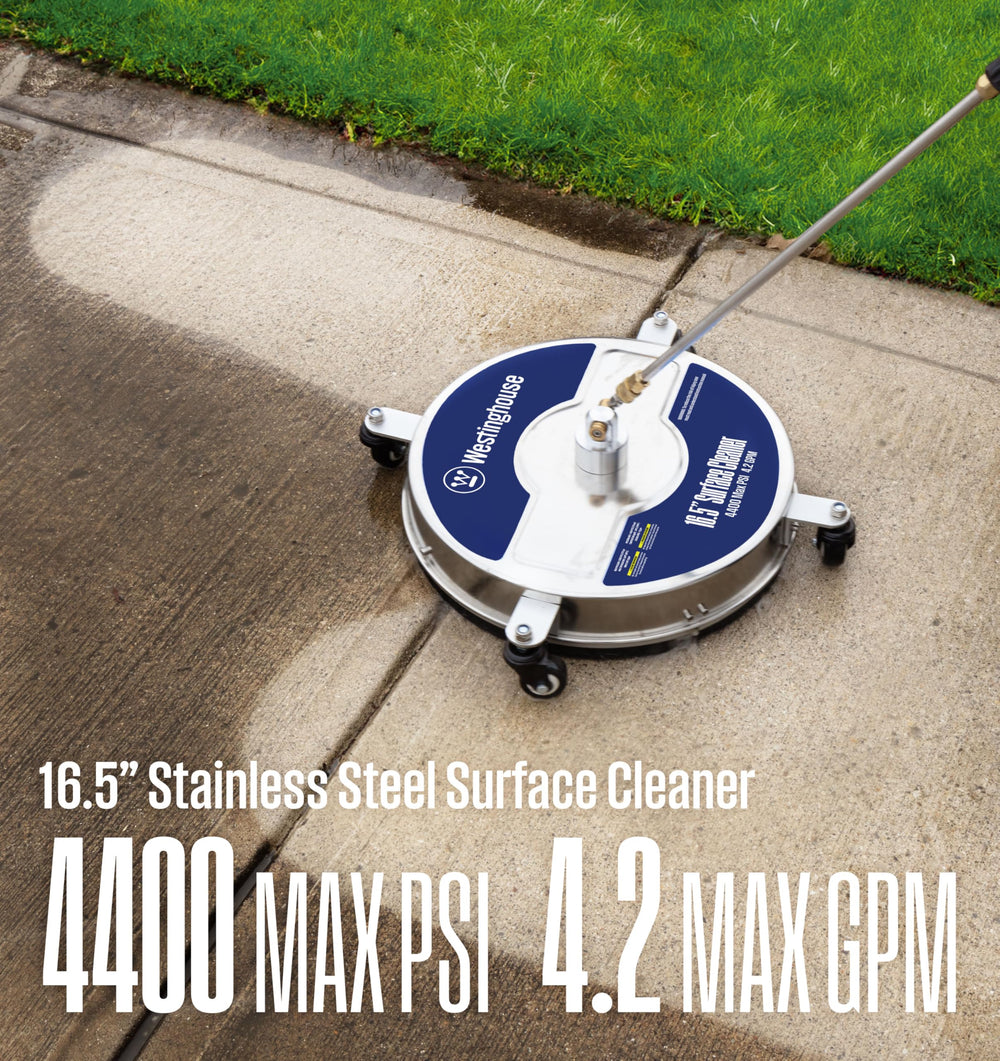 Westinghouse surface cleaner in use on driveway delivering uniform dirt removal