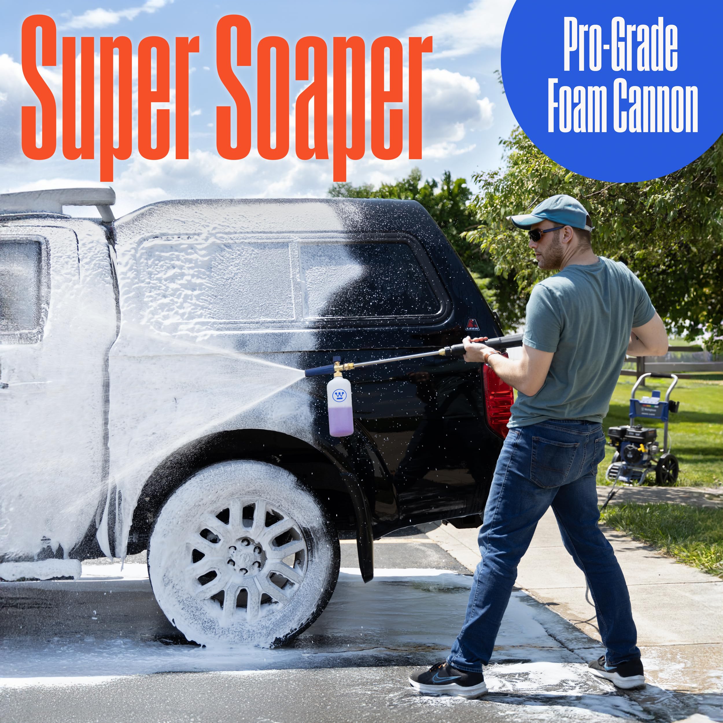 Westinghouse foam cannon in use on car hood delivering thick foam for easier cleaning