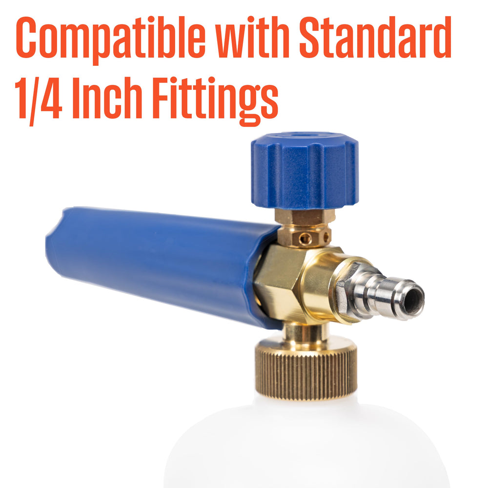 Westinghouse foam cannon next to a hand showing compact size for simple storage and handling