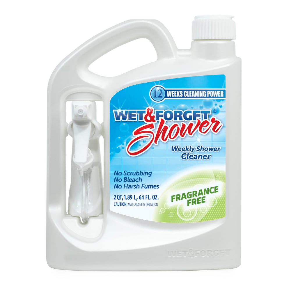 Wet & Forget applied to plastic shower curtain showing safe multi-surface use benefit
