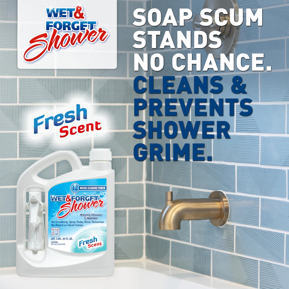 Wet & Forget bottle staged in a bright bathroom demonstrating convenient everyday use