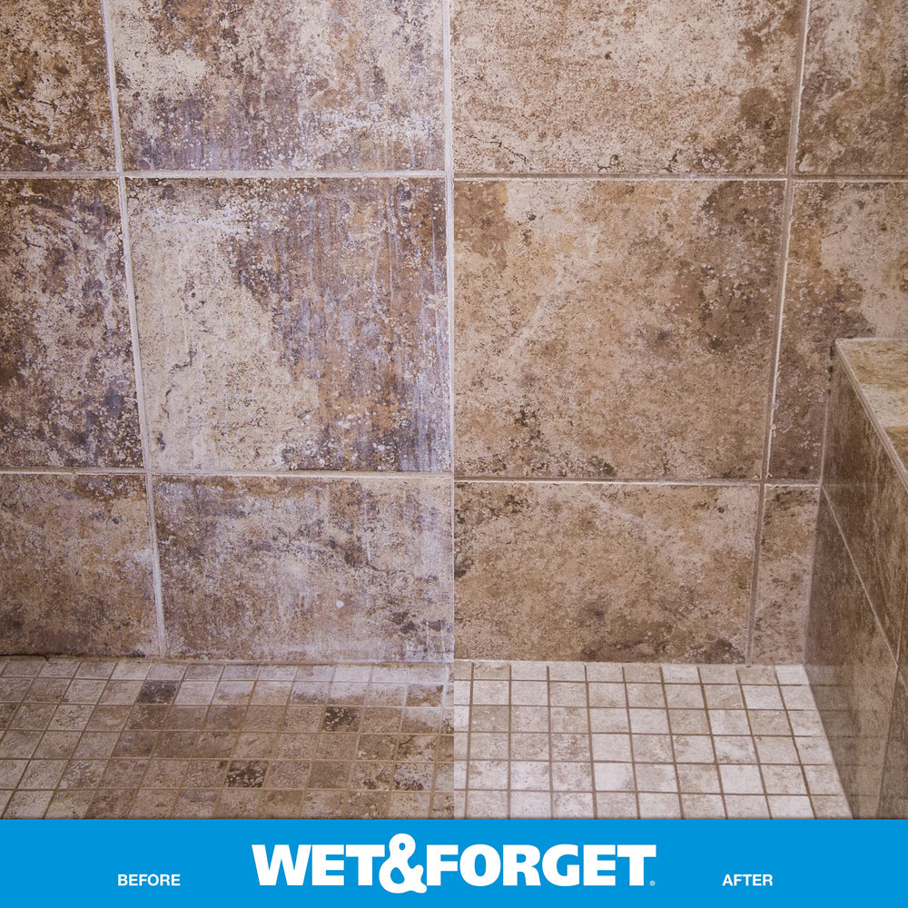 Close detail of tile cleaned with Wet & Forget highlighting reduced soap scum appearance