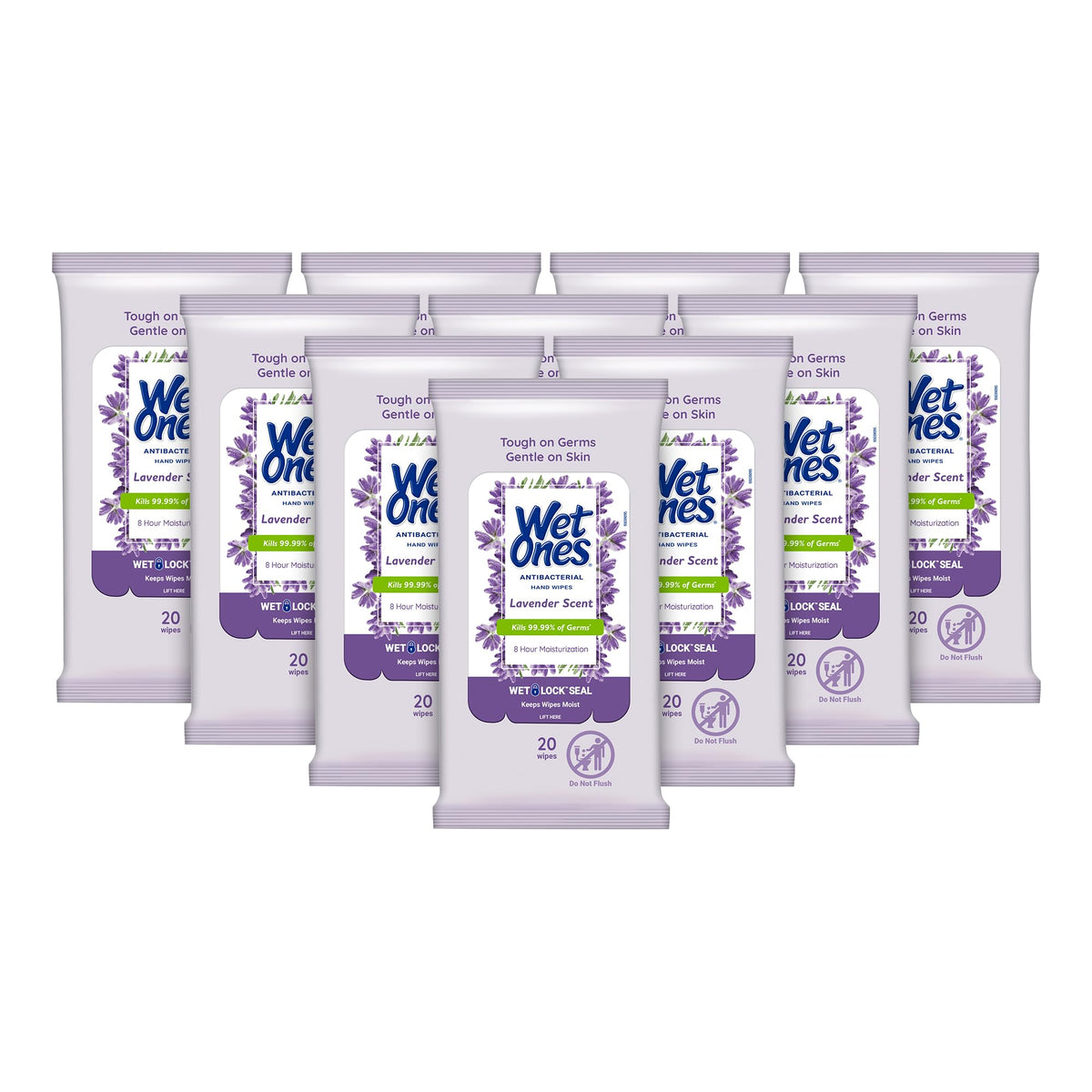 Wet Ones front-canister showing lavender scent and quick cleaning benefit