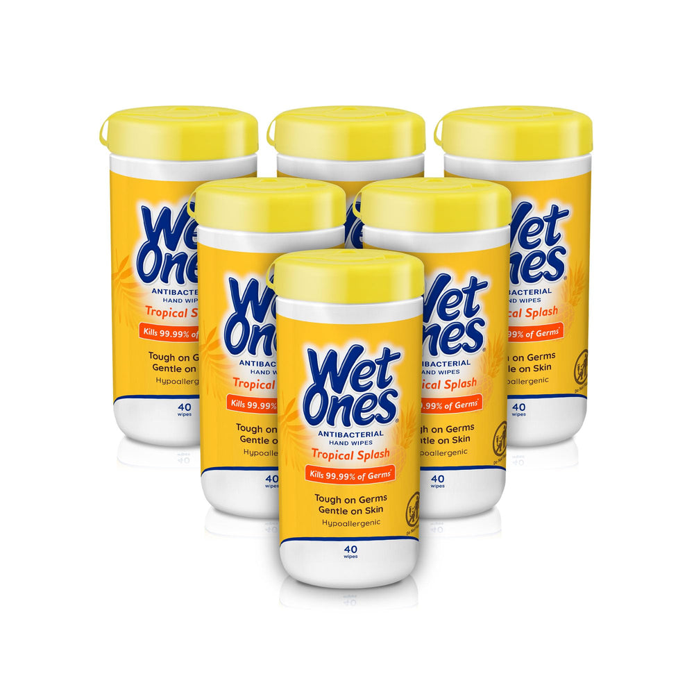 Wet Ones front canister showing Tropical Splash scent and benefits