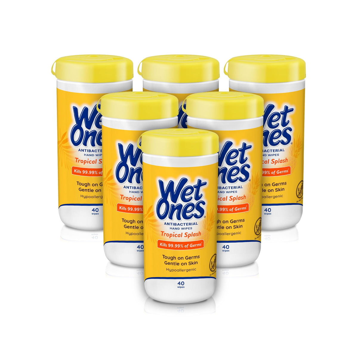 Wet Ones front canister showing Tropical Splash scent and benefits