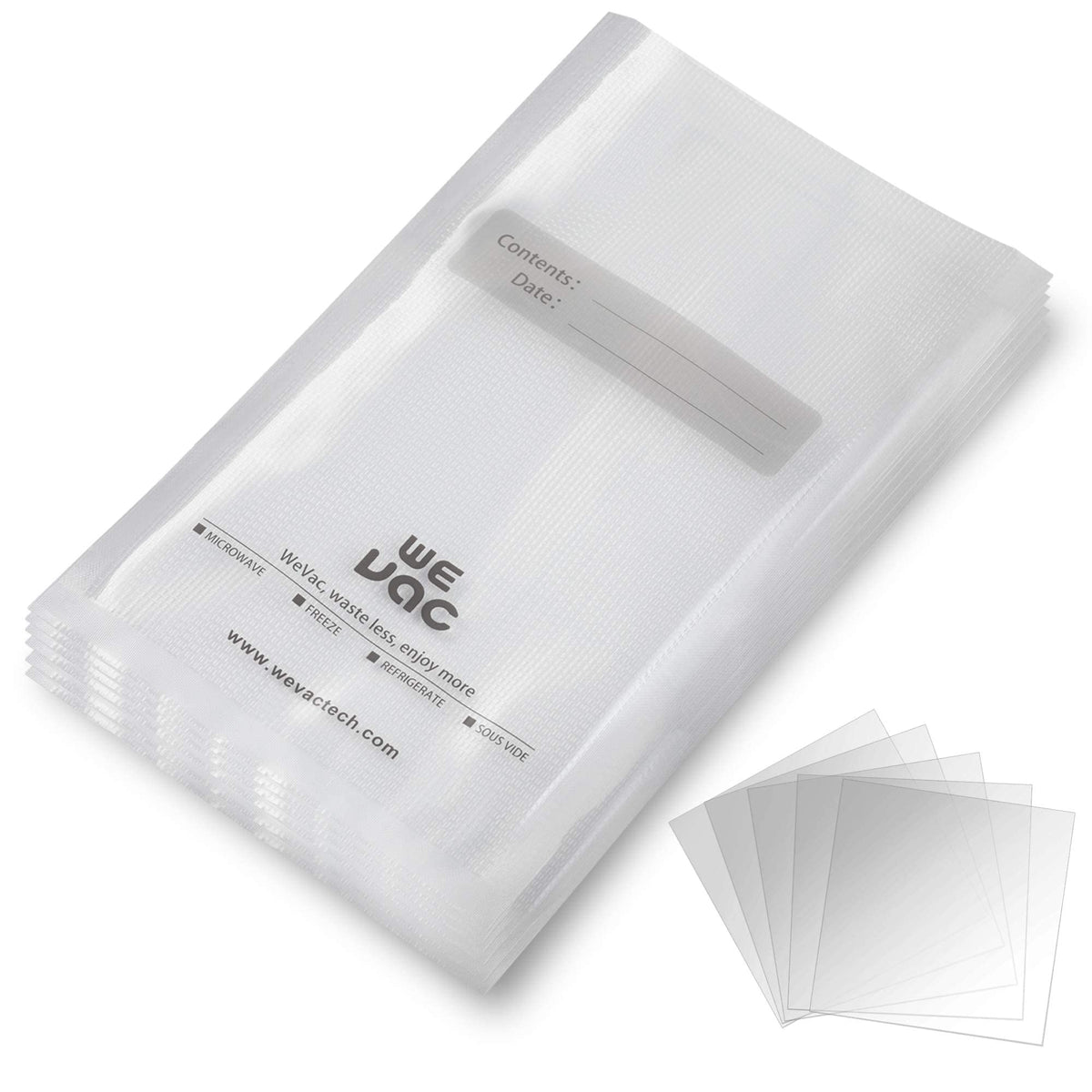 Wevac front packaging showing 11x16 inch 100 gallon bags and labeling for convenience