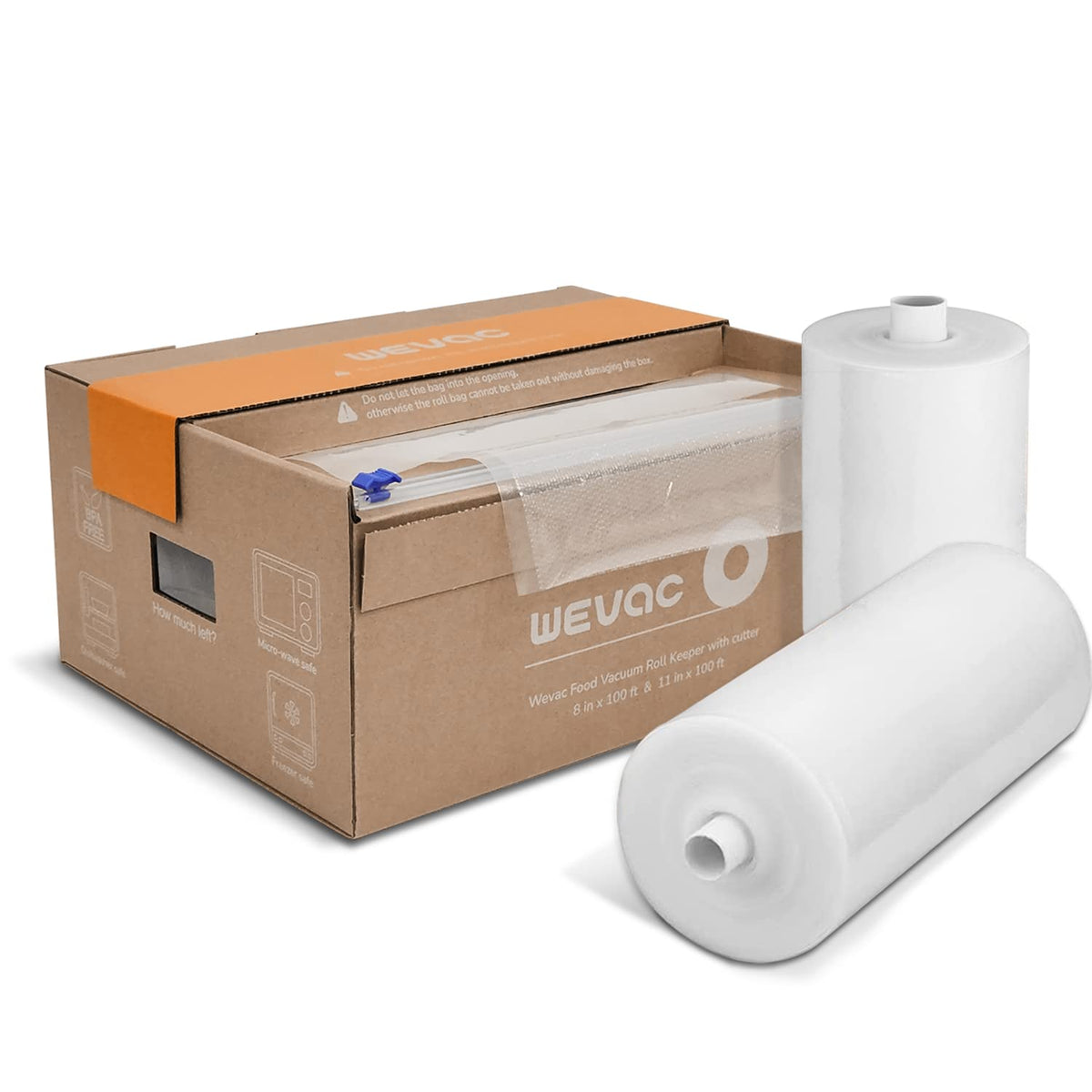 Wevac rolls front packaging showing two roll sizes and cutter box for tidy storage