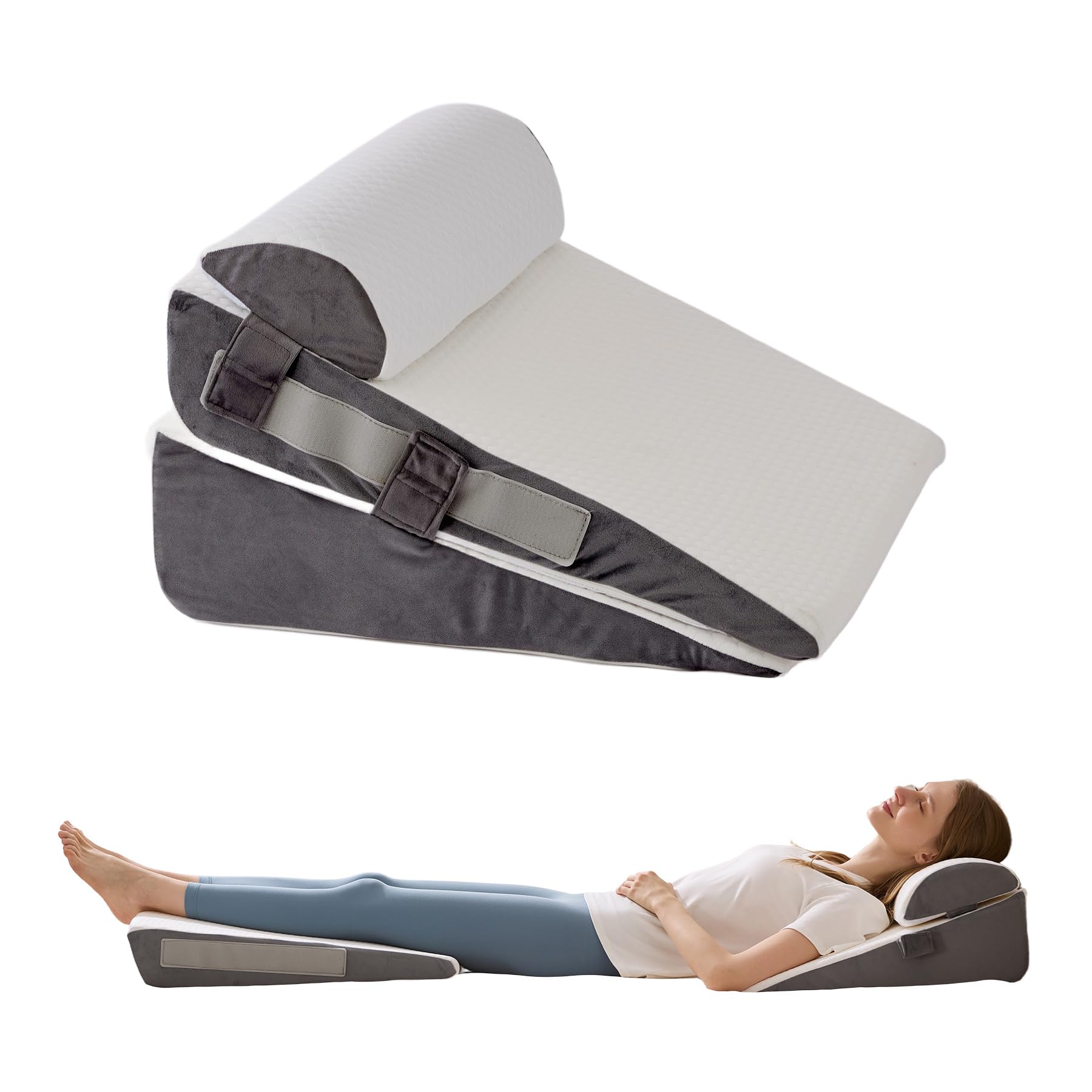 WGAKCED front view of three-piece wedge pillow set showing clean white and grey covers for versatile support