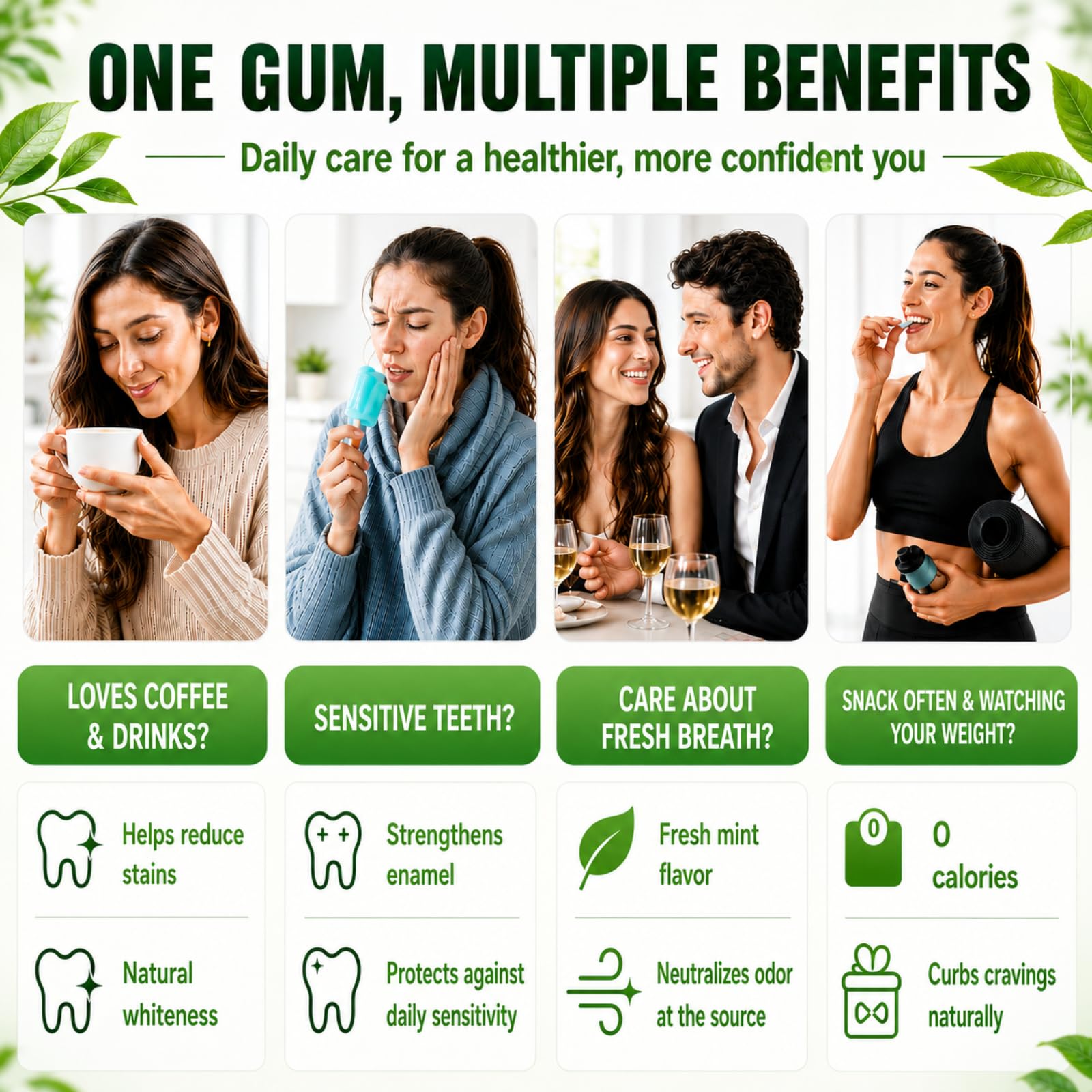 WGKLLY unwrapped mint-coated gum pieces arranged, showing smooth texture benefit
