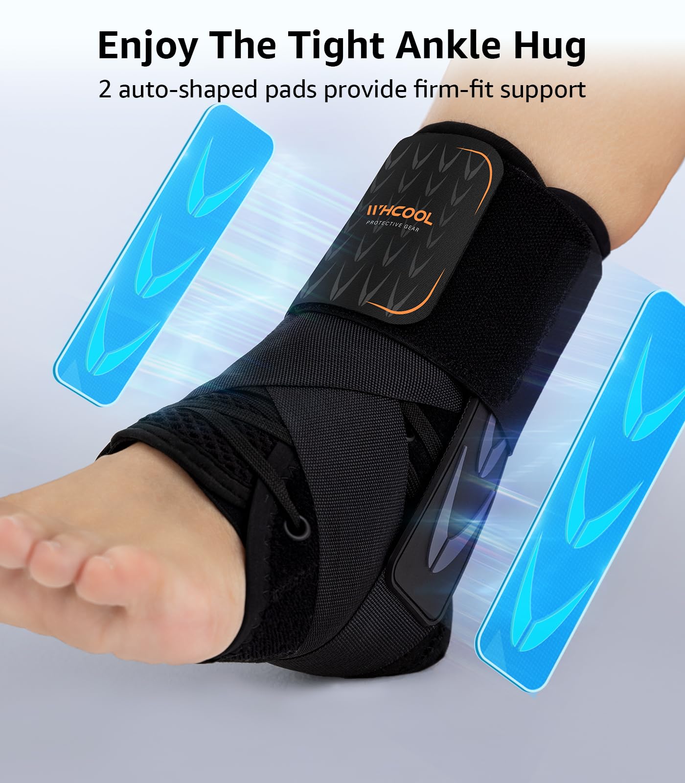 WHCOOL close-up of auto-shaped pad contouring ankle bone for comfortable protection