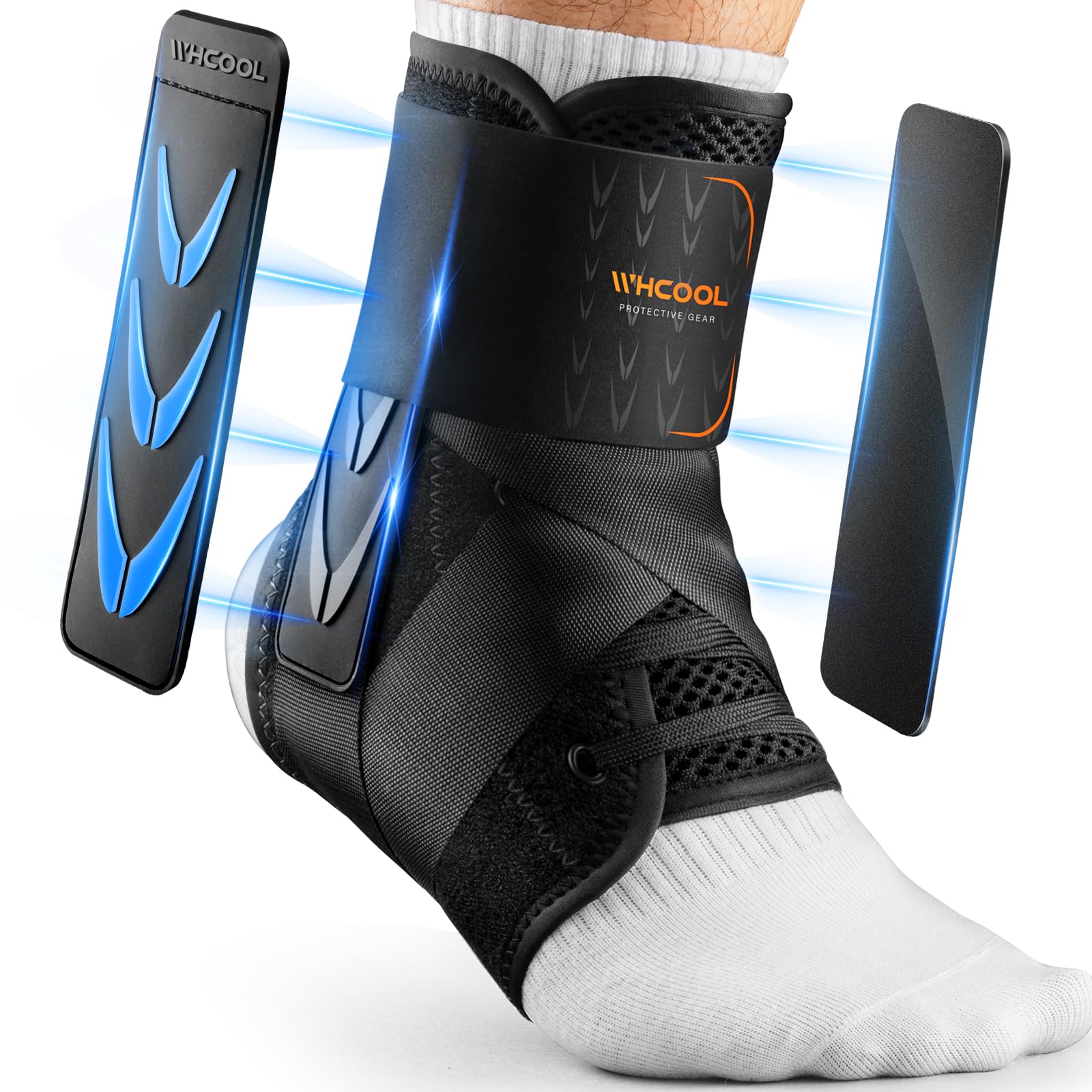 WHCOOL front view of slim-fit ankle brace showing low-profile support and quick closure