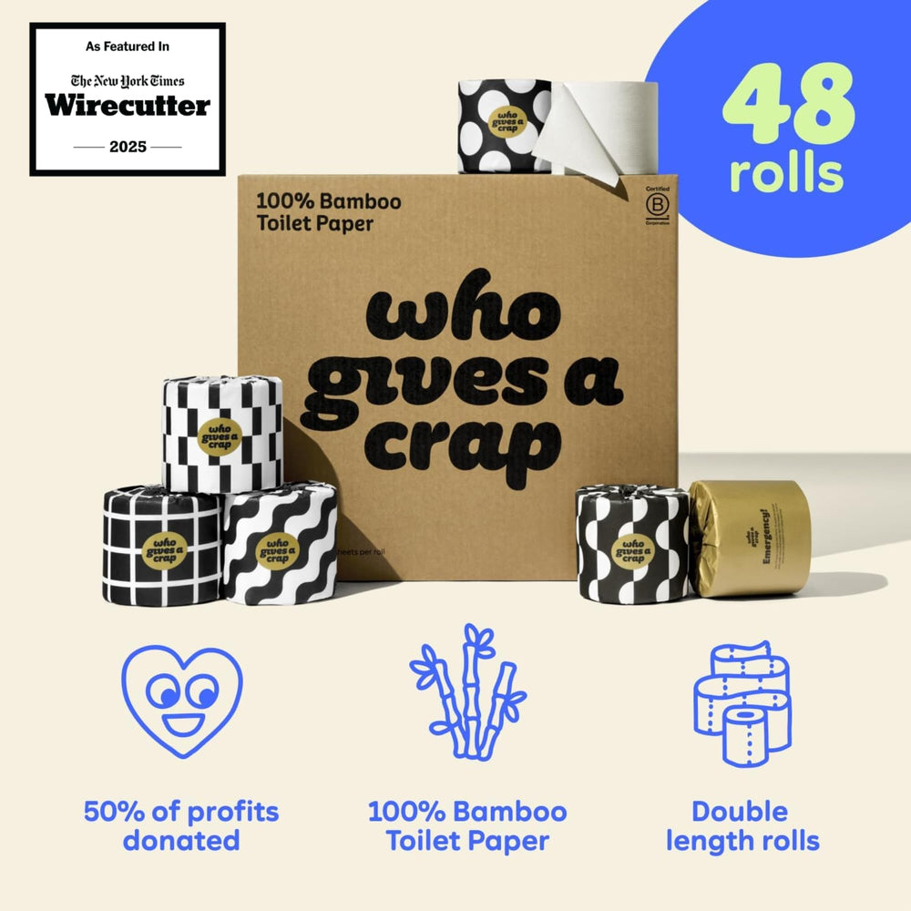 Who Gives A Crap single roll closeup highlighting long-lasting sheets benefit
