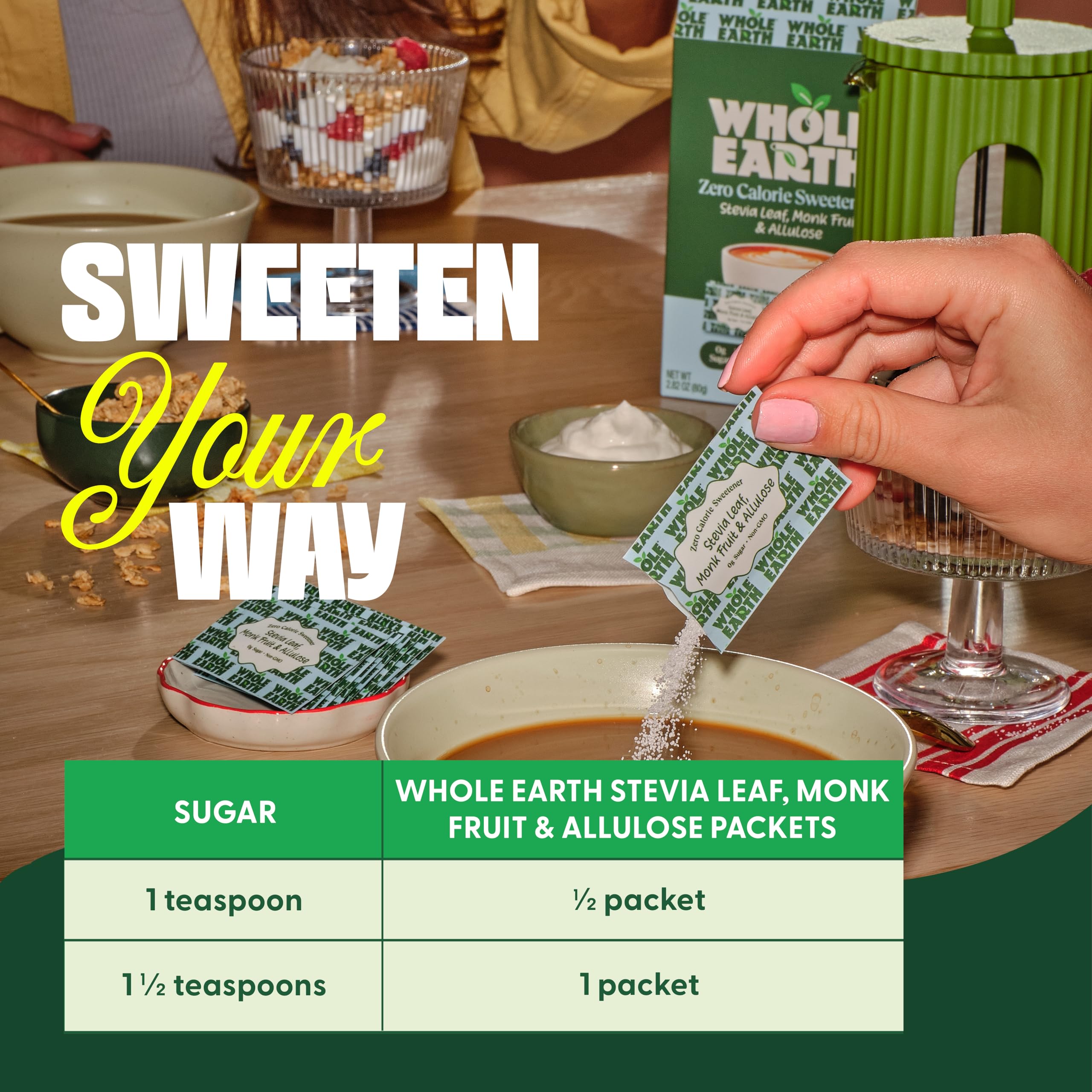 Whole Earth packets next to a mug conveying easy daily use and portability