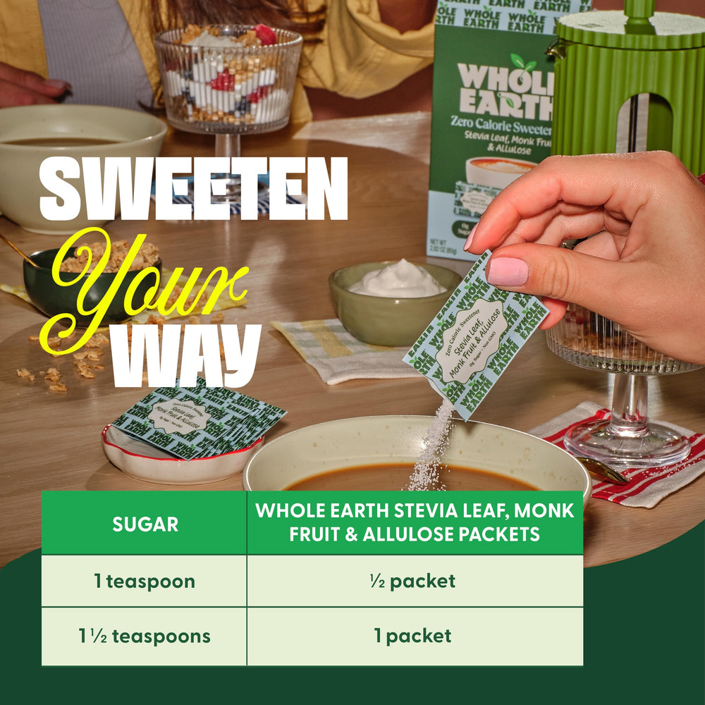Whole Earth packets next to a mug conveying easy daily use and portability