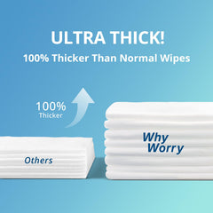 WhyWorry unfolded wipe displaying full 8x12 size for full-body use