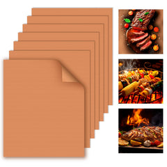 WIBIMEN front view of 7 copper grill mats showing pack and dimensions, easy setup