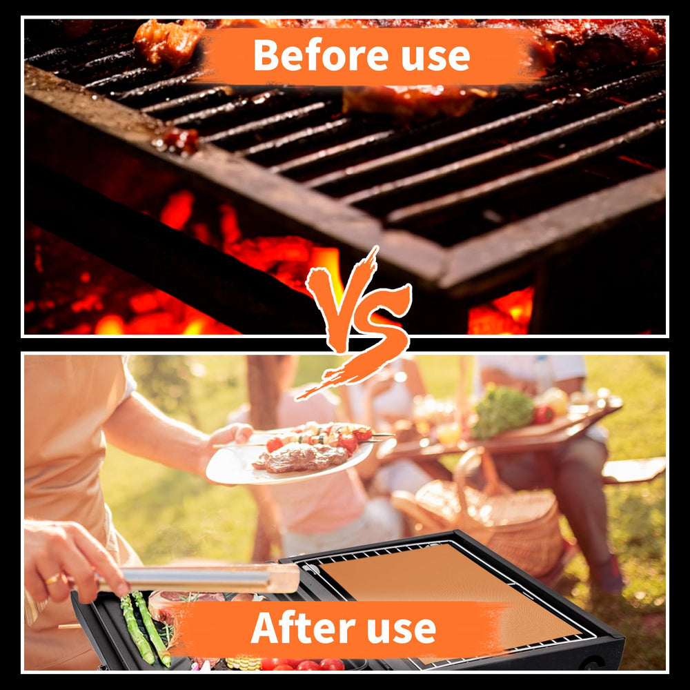 WIBIMEN grill mat in use with vegetables and shrimp, prevents food falling through