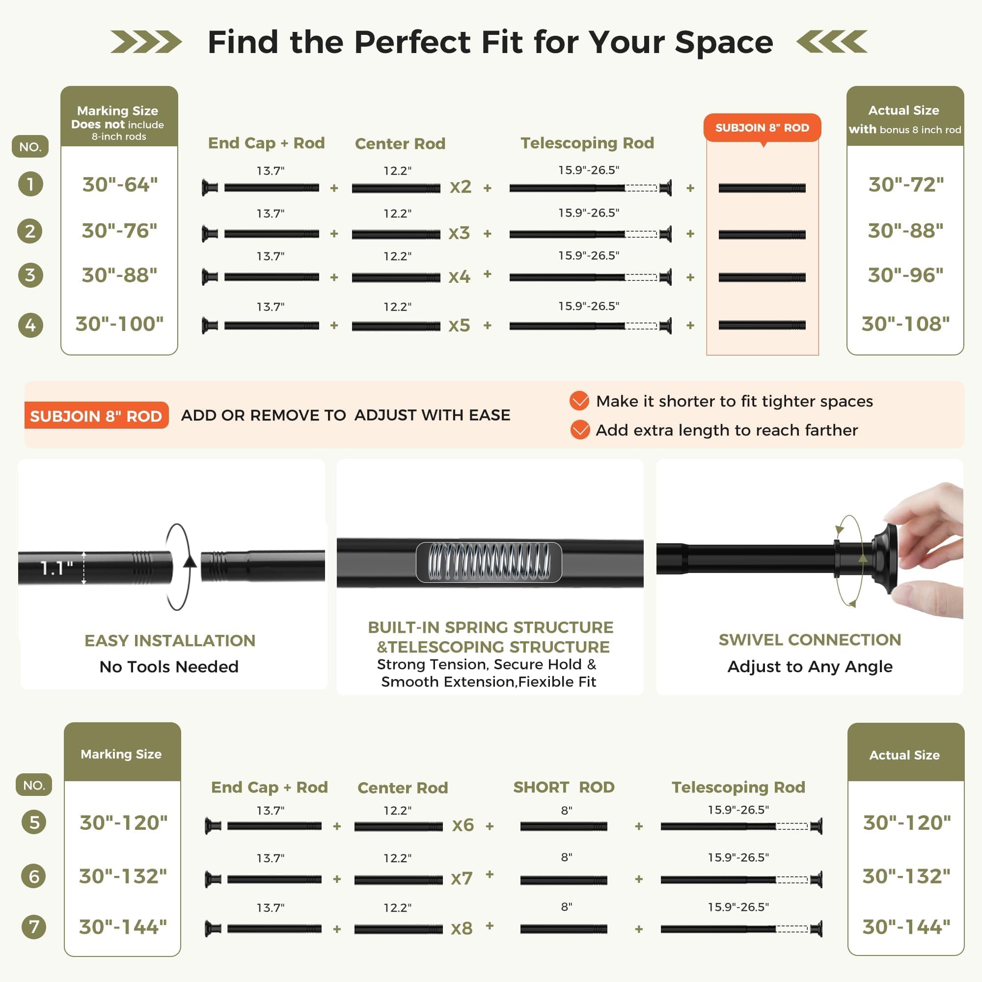 Widyana rod beside measuring tape showing fit versatility up to 100 inches