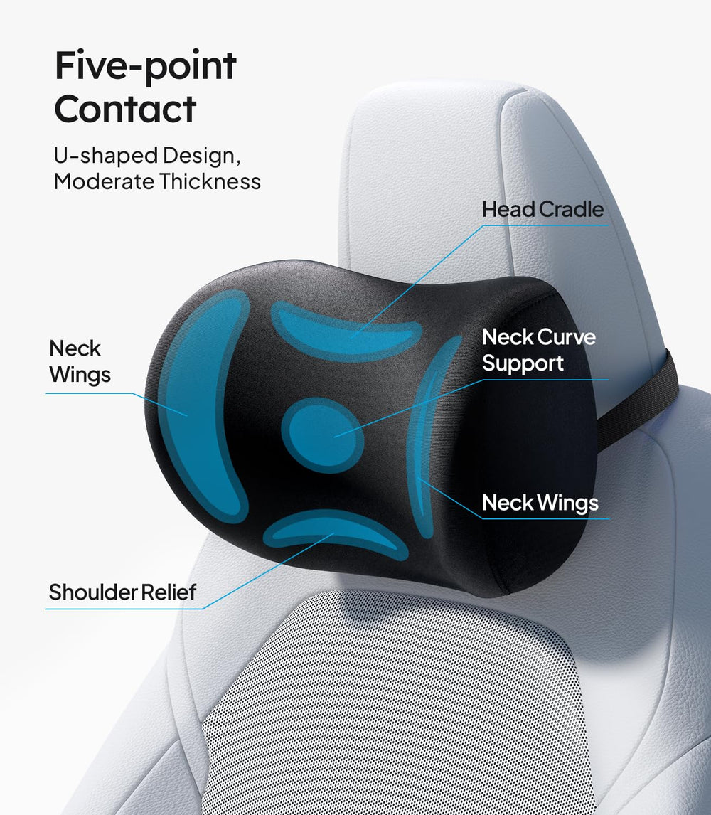 Wigoo neck pillow installed on driver seat showing improved head comfort